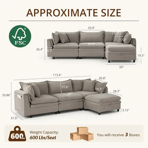 Vista 2 de Sofá modular modular de 113.4 pulgadas con otomana de almacenamiento Gris