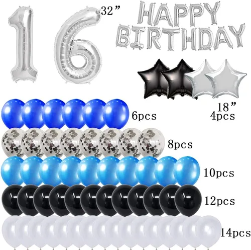 Vista 2 de Juego de suministros de decoración de cumpleaños número 16 para fiesta de cumpleaños, globos de aluminio con el número 16 y globos
