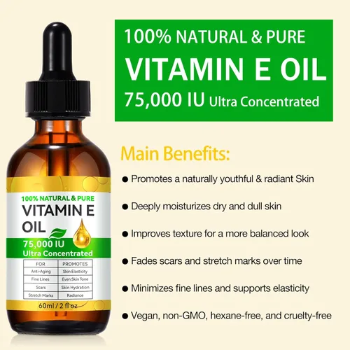 Vista 4 de Aceite de vitamina E, aceite orgánico puro de vitamina E de 75,000 UI para tensar la piel regordeta, reducir líneas finas y cicatrices, hidratar