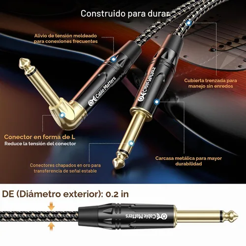 Vista 6 de Cable Matters Paquete de 2 cables trenzados TS para instrumentos eléctricos de ángulo recto de 1/4 de pulgada, 10 pies rectos a ángulo recto