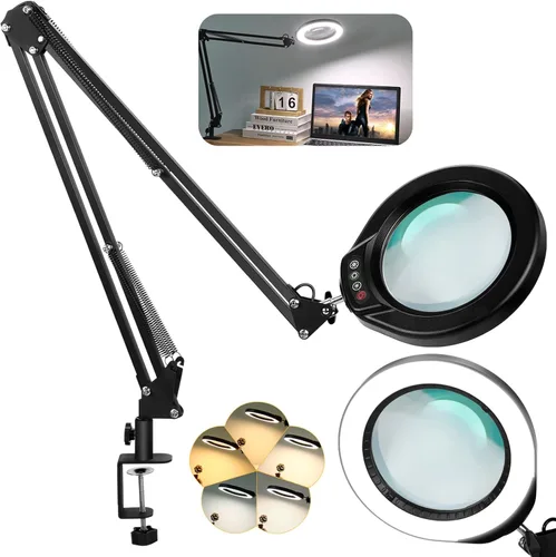 VEEMAGNI Lupa grande de cristal real de 5 pulgadas con luz y soporte, 5 modos de color regulable continuo, 2 lámparas de escritorio con brazo