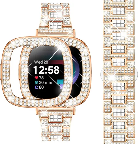 Vista 8 de Dsytom Bling Banda de Reloj Elegante Compatible con Fitbit Versa 4, Sense 2, Versa 3, Sense - Correa Linda con Funda Protectora de Rinstone