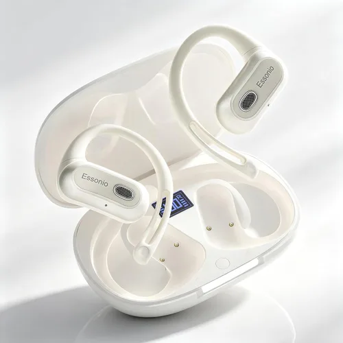 Essonio Auriculares de oreja abierta con ganchos para las orejas, sonido direccional, Bluetooth 6.0 35H, resistencia de silicona de doble capa Blanco