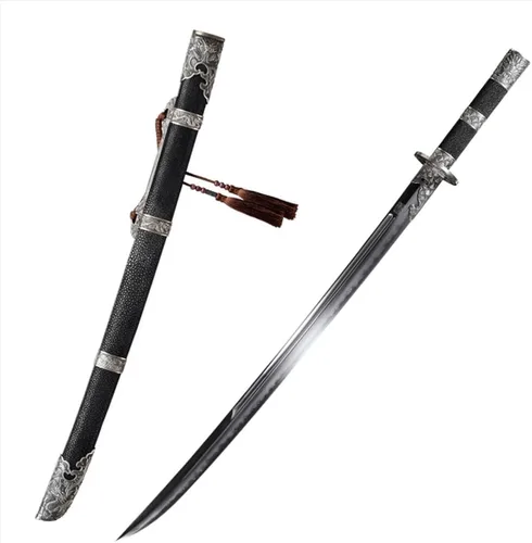 Yulong Ming Dao, sable chino tradicional de 38.98 pulgadas con hoja de acero revestido, accesorios de bronce blanco y vaina cubierta de piel de