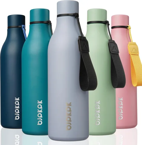 Vista 22 de BJPKPK Botellas de agua aisladas, botella de agua de metal de acero inoxidable de 12 onzas con correa, sin BPA a prueba de fugas, jarras, tazas