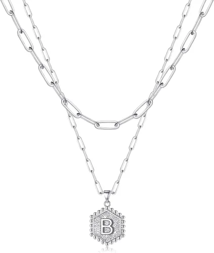 Vista 45 de M MOOHAM - Delicado collar de oro para mujer, de 14 quilates, en capas, lindos collares con letra hexagonal con inicial para mujer, regalos