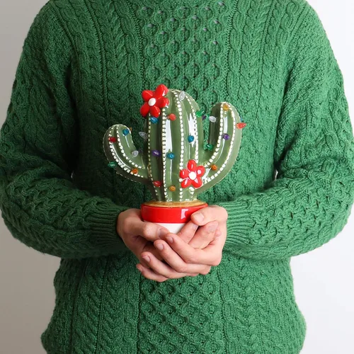 Vista 4 de Milltown Merchants Cactus de Navidad de cerámica – Cactus de árbol de Navidad de cerámica vintage – Cactus de árbol de Navidad iluminado – Cactus