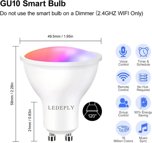 Vista 3 de Bombilla inteligente GU10 compatible con Alexa, Google Home, SmartThings, bombillas LED WiFi de 5 W, cambio de color, no requiere concentrador