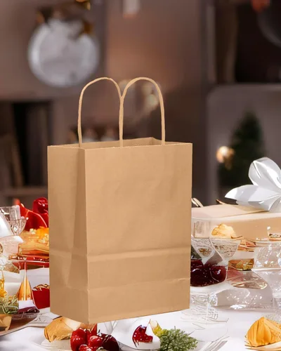 Vista 6 de qiqee 100 bolsas de regalo de papel de tamaño mediano con asas a granel de 7.6 x 4.75 x 10.5 pulgadas, bolsas de regalo marrones para múltiples usos