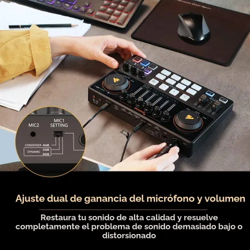 Vista 3 de MAONO MaonoCaster - Interfaz de audio, mezclador de podcast de 10 canales con preamplificador Pro, alimentación fantasma de 48 V, Bluetooth, 11