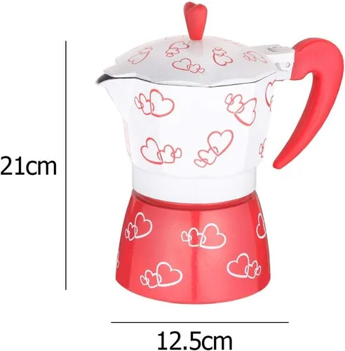 Vista 5 de Cafetera con estampado de corazón rojo prso y moka de aleación de alunum, moca, puino italiano, latte lano, kit de cafetera para estufa de gas