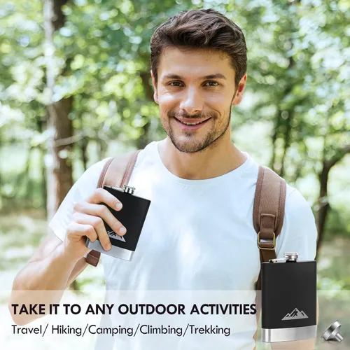 Vista 5 de KWANITHINK Frasco de cadera para licor para hombres, frasco de whisky de acero inoxidable de 8 onzas con tapa y embudo integrados, para acampar al