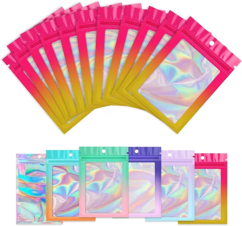 Vista 13 de Paquete de 100 bolsas holográficas de Mylar, bolsa de papel de aluminio transparente con cierre, bolsa de embalaje para almacenamiento de alimentos