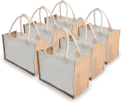 Vista 8 de Kaxilu Juego de 6 bolsas de yute para playa de 16.5 x 7 x 13 pulgadas con botón y asa para viajes, comestibles, damas de honor, bodas, compras