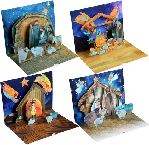 Vista 9 de Spiareal 4 piezas de tarjeta de Navidad emergente con sobres. Tarjetas religiosas 3D emergentes cristianas para Navidad, cumpleaños y suministros