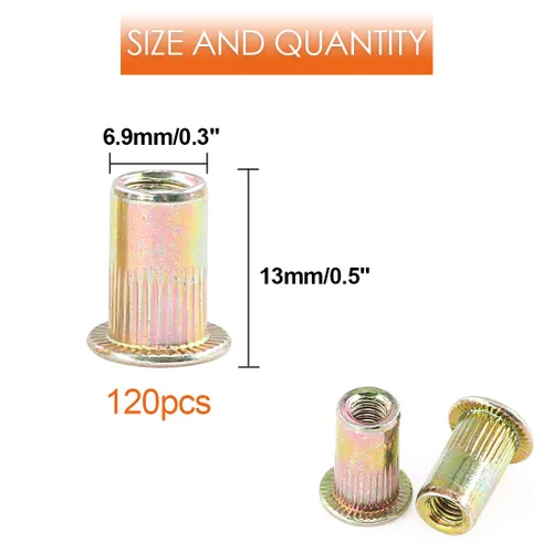 Vista 2 de 120-Pcs #10-24UNC Mezcla de acero al carbono chapado en zinc tuerca remache cabeza plana roscada Inserto Nutsert Surtido Kit