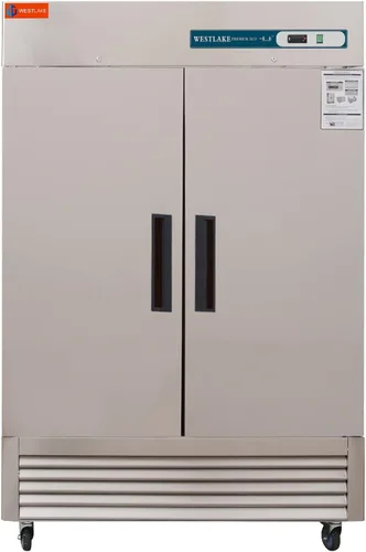 WESTLAKE - Congelador comercial de 54" de ancho, 2 puertas, 2 secciones, acero inoxidable, puerta sólida, refrigeración por ventilador vertical, 49