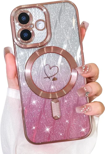 Vista 21 de Bonoma Funda con Purpurina Magnética para iPhone 16 Pro Max [Compatible con MagSafe], Funda Transparente Brillante de Lujo con Patrón de Corazones