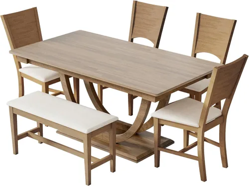 Vista 7 de Merax 6-Piece Farmhouse Dining Table Set, 59.1" Wooden Half Round Kitchen Table with 4 Dining Chairs & Long Bench, Kitchen & Dining Room Set for 6