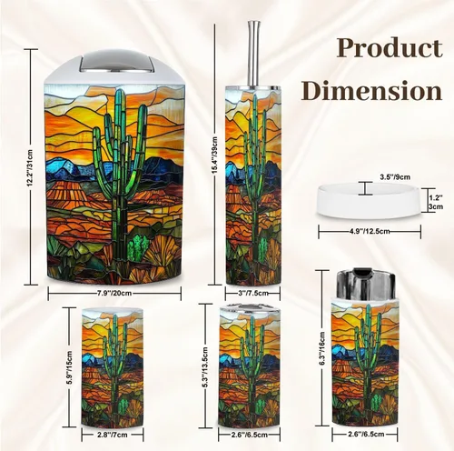 Vista 5 de Bathroom Accessory Set 6 Piece Emerald Cactus Vibrant Sky Stained Glass Western Scene Trash can, Toothbrush Holder, Soap Dispenser, Soap Dish