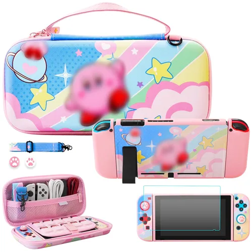 Switch Carrying Case for Nintendo Accessories, Portable Travel Case for Kirby with Upgraded TPU Switch Protective Skin Cover, HD Screen Protector,
