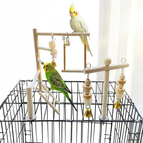 Vista 8 de PINVNBY Parque infantil para pájaros, loro, gimnasio, periquitos, jaula de juego, soporte de madera, perchas, corralito, escalar, juguete
