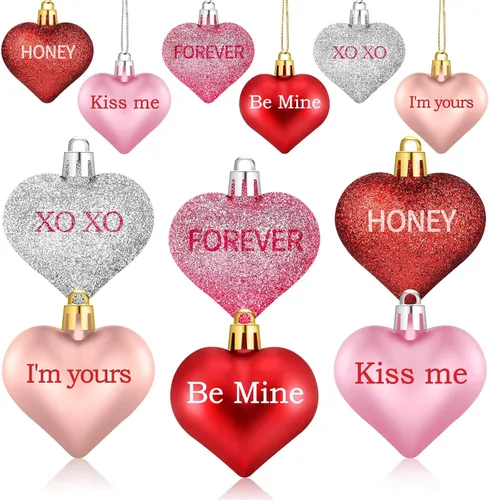 Vista 8 de Shynek 68 adornos de corazón para el día de San Valentín para árbol, bolas de corazón de San Valentín con palabras de amor dulces para decoraciones