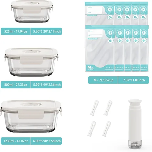 Vista 2 de Recipientes de vidrio sellado al vacío para almacenamiento de alimentos con bolsas Sous Vide, contenedor de preparación de comidas con tapas