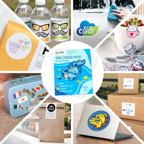 Vista 4 de Papel adhesivo de vinilo para imprimir para impresora láser - Blanco brillante - 15 hojas autoadhesivas - Papel impermeable para adhesivos