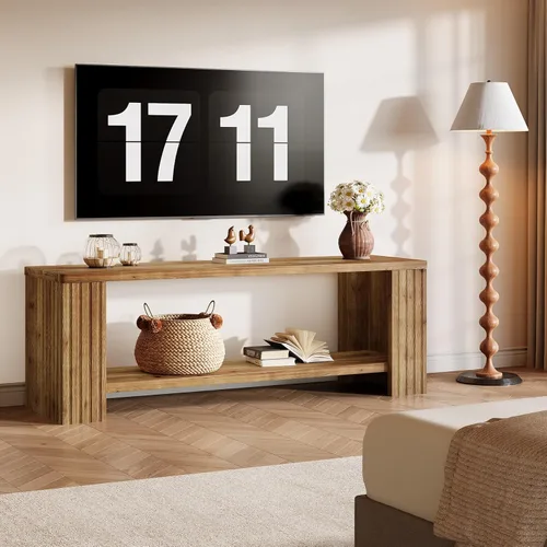 Vista 9 de Soporte de TV de madera maciza para televisores de 55/60/65/75 pulgadas, centro de entretenimiento de granja con estante de almacenamiento de 2