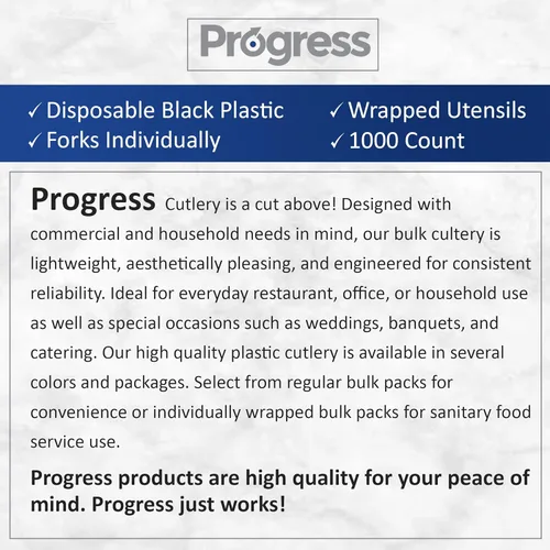 Vista 6 de Progress Cubiertos de plástico envueltos individualmente, tenedores desechables negros resistentes [1000 unidades a granel] Tenedores negros fuertes