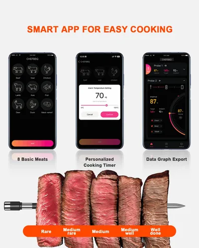 Vista 6 de Termómetro inalámbrico para carne con 2 sondas y rango de 800 pies – Termómetro inteligente Bluetooth para parrilla de barbacoa con base