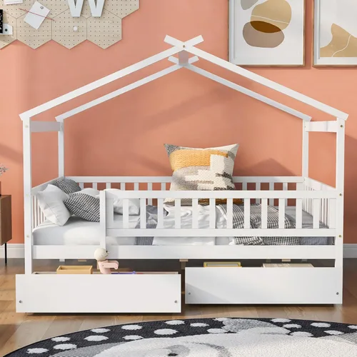 Vista 216 de Merax Cama de madera de tamaño individual con dos cajones, marco de cama de madera con techo para niños, adolescentes, niños o niñas, gris