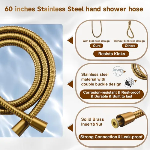 Vista 6 de BRIGHT SHOWERS Cabezal de ducha doble con mano, cabezal de ducha de lluvia de alta presión, manguera de acero inoxidable de 60 pulgadas, oro Oro