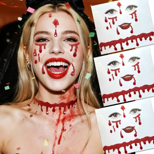 Calcomanías para la cara de vampiro, 3 unidades, disfraz de vampiro para mujer, joyas para la cara, accesorios de vampiro, calcomanías de cara de