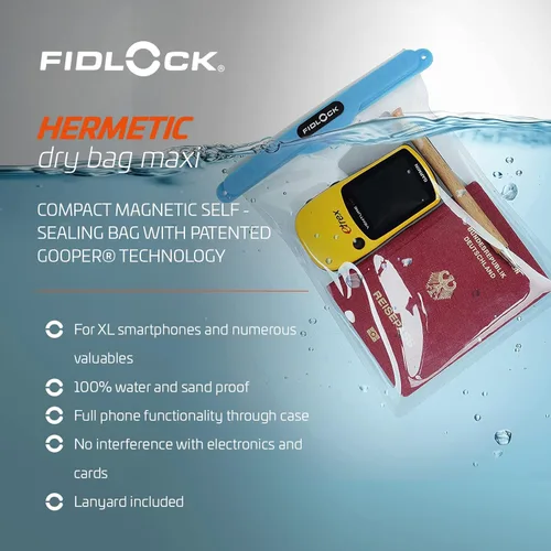 Vista 3 de FIDLOCK Bolsa hermética seca flexible magnética autosellante para teléfono celular 100% a prueba de agua y arena Tamaño práctico con una gran