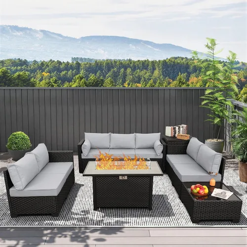 Rattaner Juego de muebles de patio de 6 piezas, mesa de fuego para exteriores, fogata de gas de 45 pulgadas con caja de almacenamiento al aire Gris