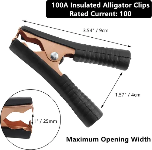 Vista 3 de 10 pinzas de cocodrilo aisladas de 100 A, abrazaderas eléctricas de cocodrilo resistentes, cable de repuesto de batería, clips de puente con resorte