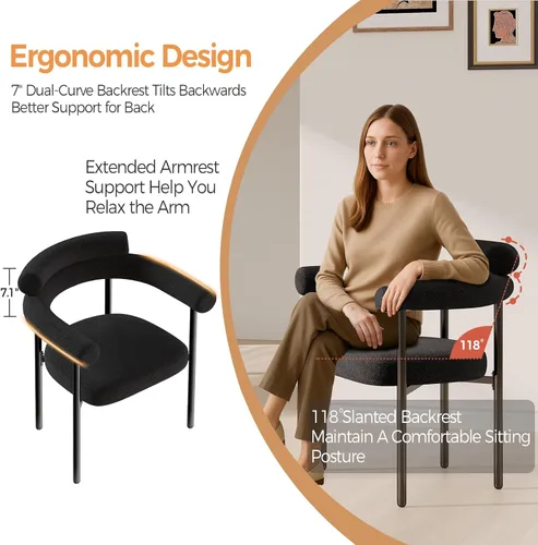 Vista 3 de STHOUYN Juego de 2 sillas de comedor modernas negras para cocina y comedor, silla de comedor Boucle con brazos, sillas de comedor de barril
