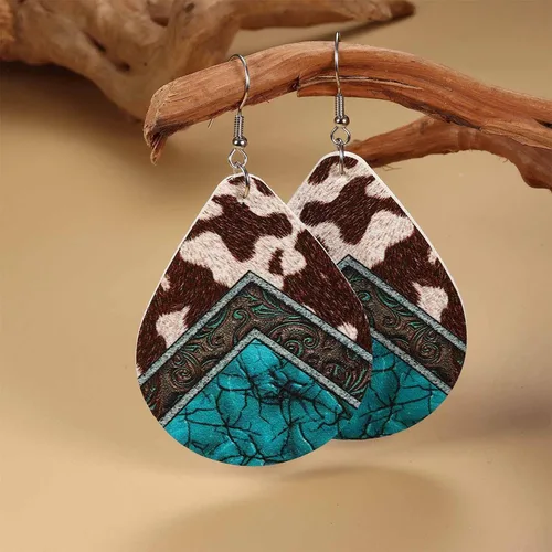 Vista 2 de Jstyle 9 pares de aretes occidentales para mujer, aretes vaqueros, bohemios, vintage, girasol, bohemio, turquesa, con estampado de vaca, cuero