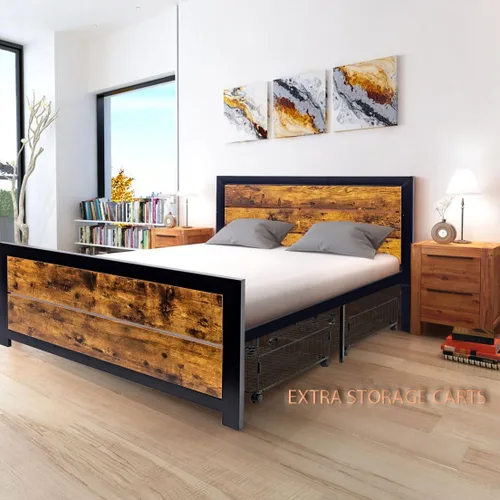 Vista 4 de Base de cama de tamaño individual con estraage, marco de cama de metal con cabecera y estribo de madera, base de cama de plataforma de metal de 14