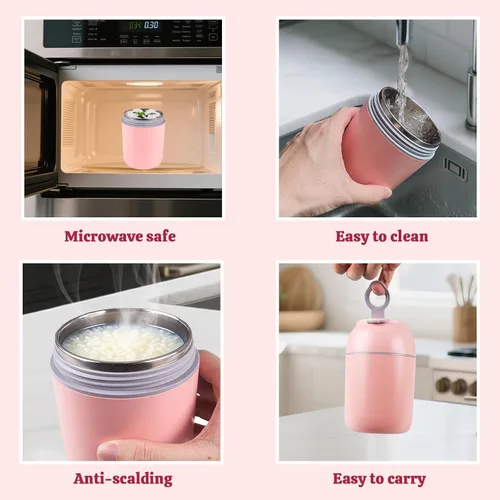 Vista 6 de Recipiente aislado para comida caliente con cuchara plegable, lonchera Bento de acero inoxidable al vacío de 16 onzas para adultos, tarros térmicos