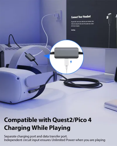 Vista 2 de Amavasion Cable de enlace de 16 pies compatible con OculusMeta Quest 2Pico 4 accesorios, con puerto de carga separado para fuente de alimentación