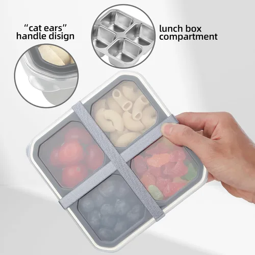 Vista 3 de Platos divididos de acero inoxidable, bandeja para niños y bebés, 4 compartimentos divididos, contenedor de aperitivos Bento con tapa, caja