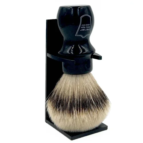 Parker 100% Silvertip Badger - Brocha de afeitar con soporte para brochas, cerdas extra densas y extrasuaves, mango largo es perfecto para usar con