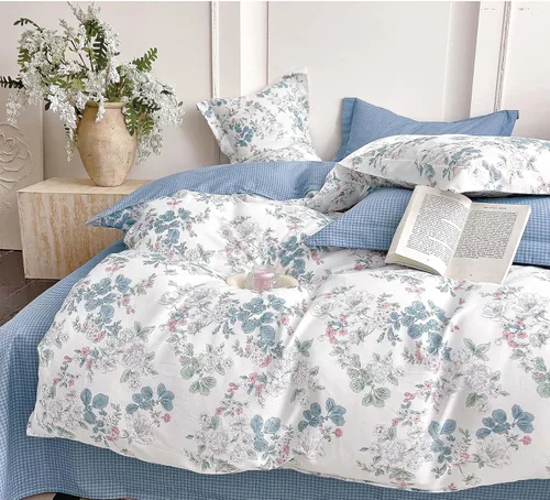 Vista 16 de Juegos de Fundas de Edredón Florales de Algodón 100% Natural de 2 Piezas - Funda de Edredón Blanco Grisáceo con Patrón de Flores y Ramas Lujosas