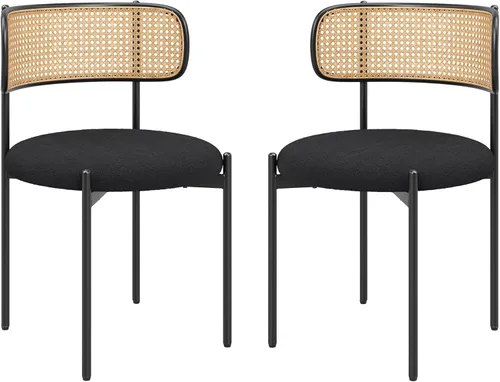Modern Upholstered Dining Chairs Set of 4, Rattan Back Dining Room Chairs, Table & Seating Chair Sets Kitchen, Accent Chairs with Metal Black -4set