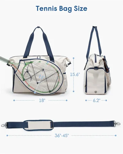 Vista 6 de Smasrob Bolsa de viaje de tenis para mujer con bolsillo exterior para raqueta con cordón y compartimento separado para zapatos, bolsas de fin