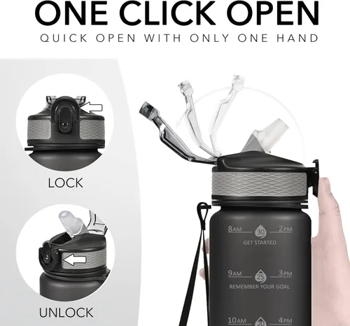 Vista 5 de Hyeta Botellas de agua de 32 onzas con popote, mantente motivado e hidratado con marcas de tiempos convenientes para beber, duraderas, a prueba