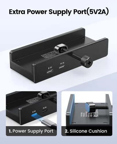 Vista 4 de ORICO Hub USB 3.0, Hub USB con Abrazadera con Puerto de Alimentación Extra, Adaptador USB de Aluminio de 4 Puertos con 3 Puertos de Datos USB-A